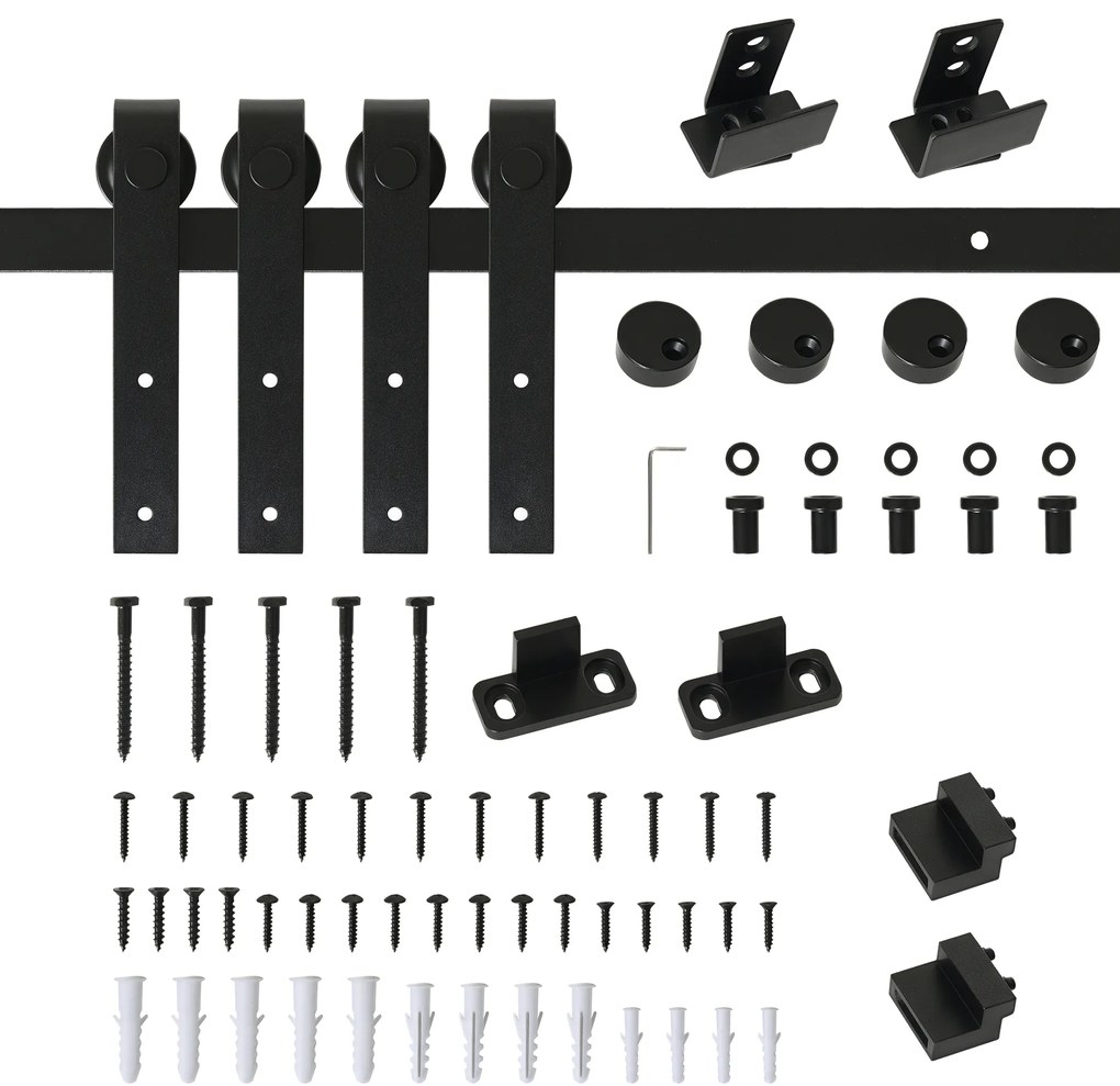 HOMCOM Set complet pentru ușă culisantă de 200 cm cu ghidaj pe podea, șină pentru ușă culisantă, role de alunecare, kit pentru ușă dublă din oțel carbon | Aosom Romania