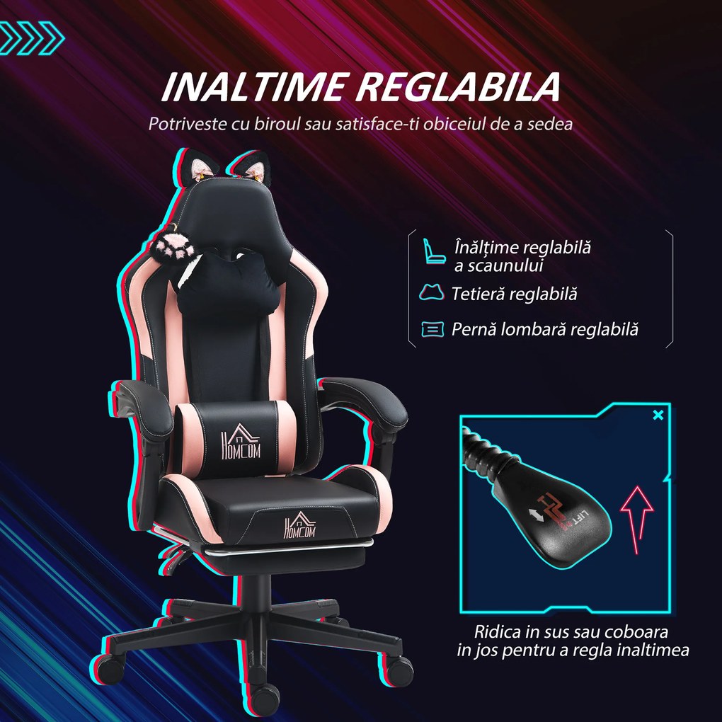 HOMCOM Scaun Gaming Ergonomic cu Urechi de Pisica, Roz | Aosom Romania