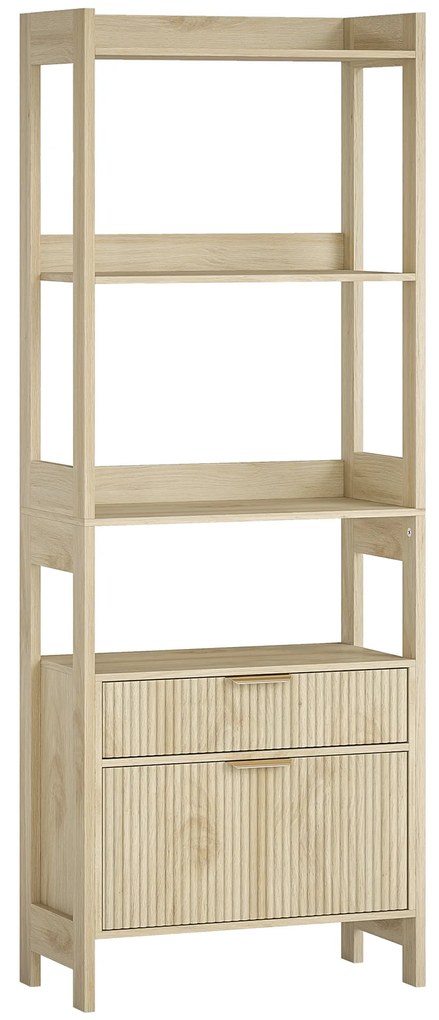 HOMCOM Bibliotecă înaltă, corp de depozitare cu 4 rafturi deschise și 2 sertare canelate, 60 x 30 x 160 cm, lemn natural | Aosom Romania