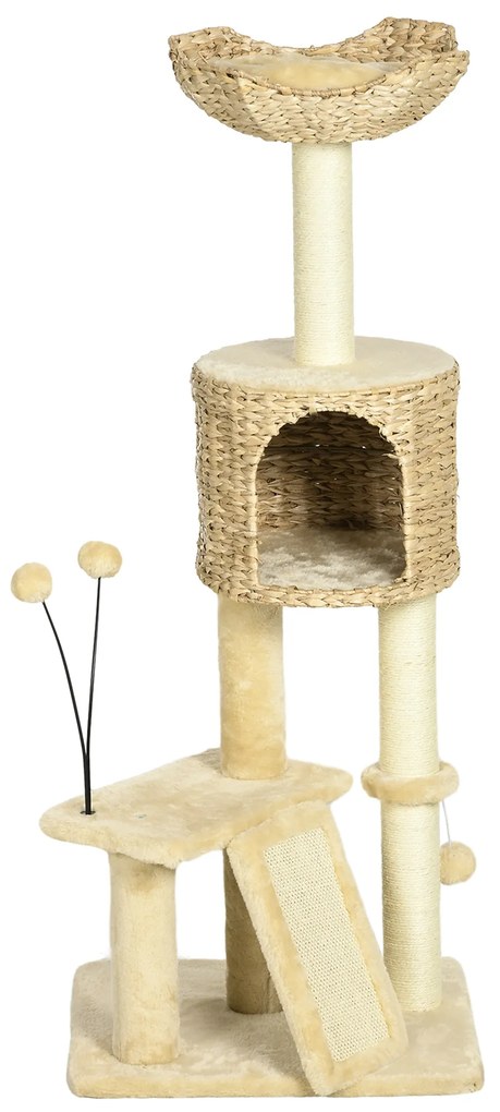 PawHut Arbre à chat înălțime 116 cm casetă coș platforme pompoane din pluș și iasomie de apă - bej | Aosom Romania