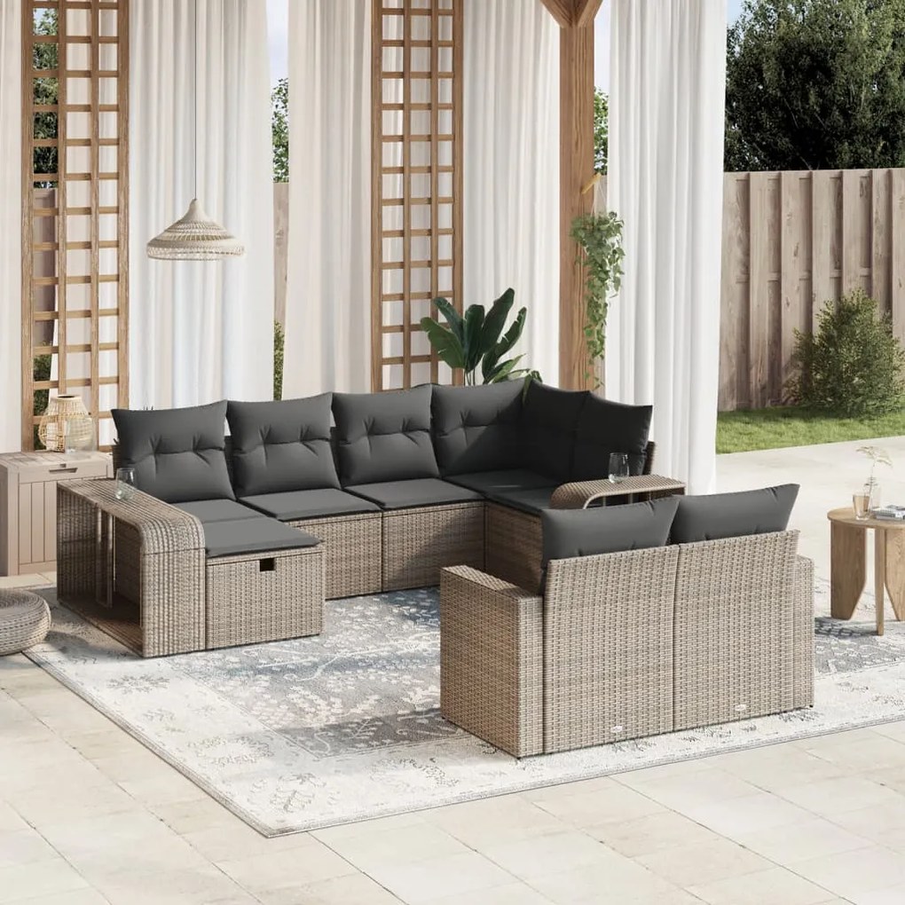 vidaXL Set mobilier de grădină cu perne, 10 piese, gri, poliratan