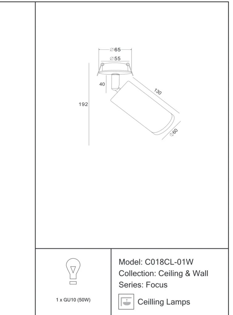 Spot directionabil incastrabil tavan/plafon Focus MYC018CL-01W