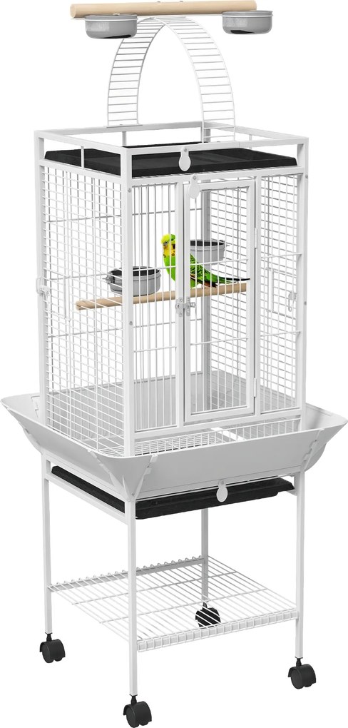 PawHut Colivie pentru păsări, volieră pe roți cu suport, tavă glisantă, bară de lemn pentru odihnă, 62,5x62,5x156cm, alb | Aosom Romania