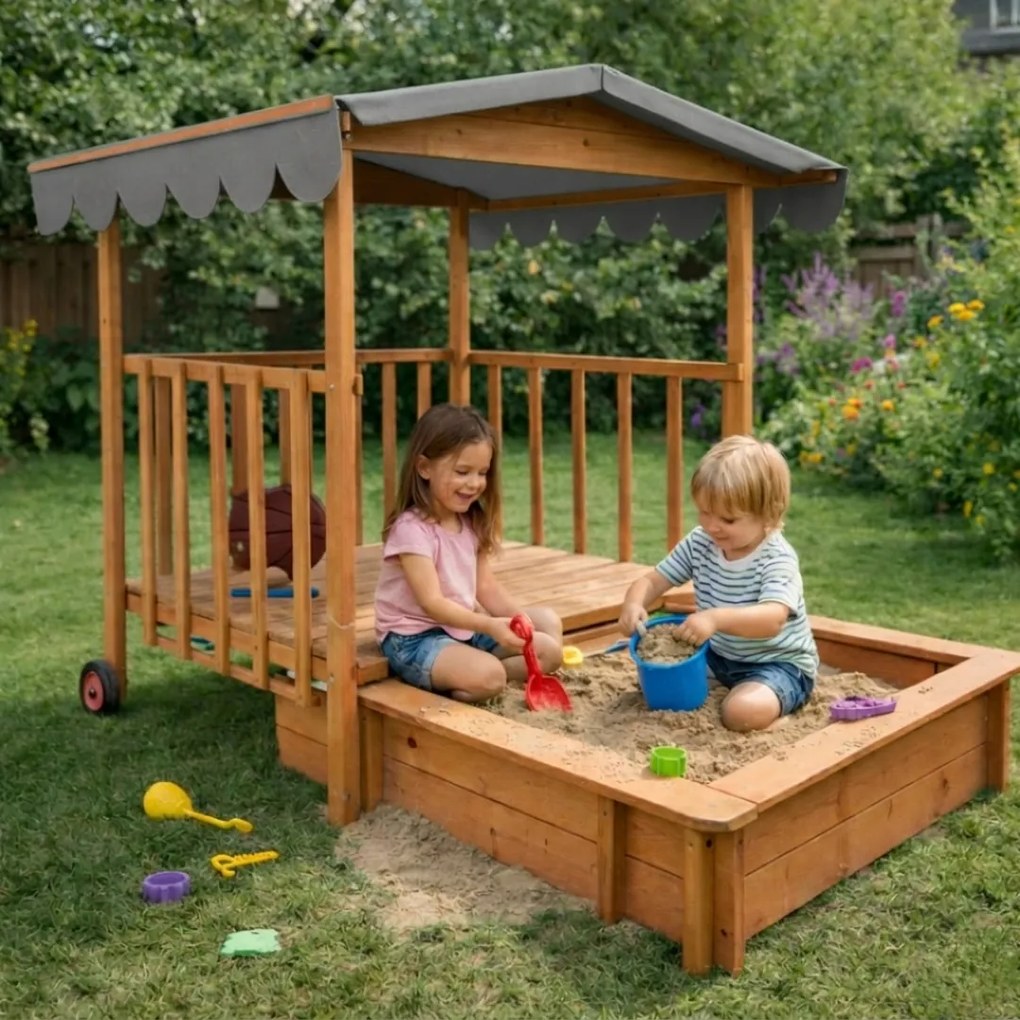 Zonă cu nisip și verandă HAPPY, 130 x 130 x 143 cm, din masiv de pin, maro gri Jurhan