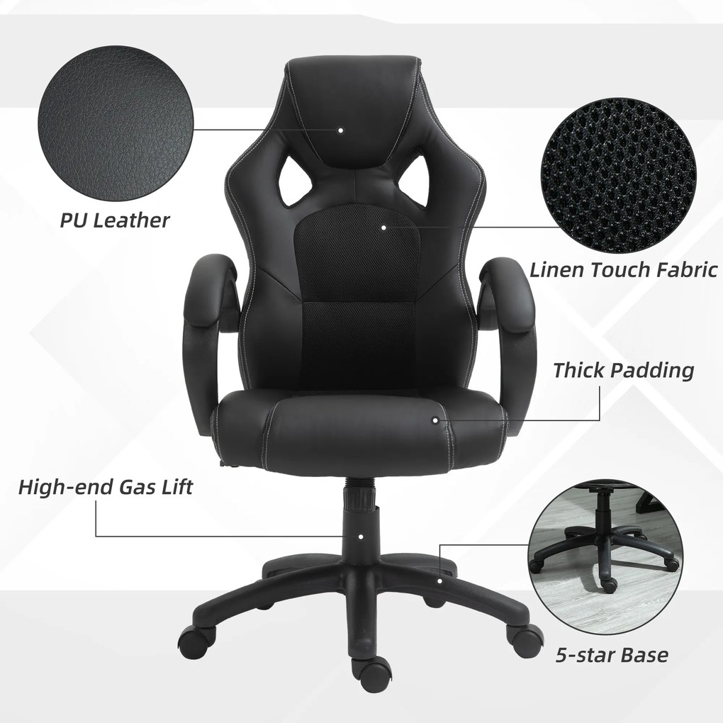 HOMCOM Scaun pentru birou, cu roti rotative la 360°, scaun gaming, inaltimea reglabila, Negru | Aosom Romania