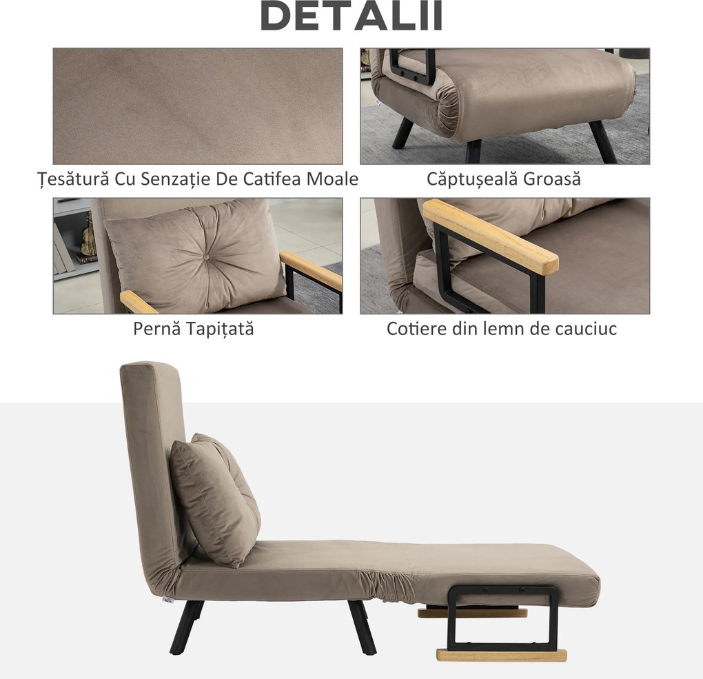 HOMCOM Fotoliu Pat Extensibil 3 în 1 cu Spatar Reglabil și Perna Detasabilă pentru Cameră de Zi sau Dormitor, Gri Deschis | Aosom Romania