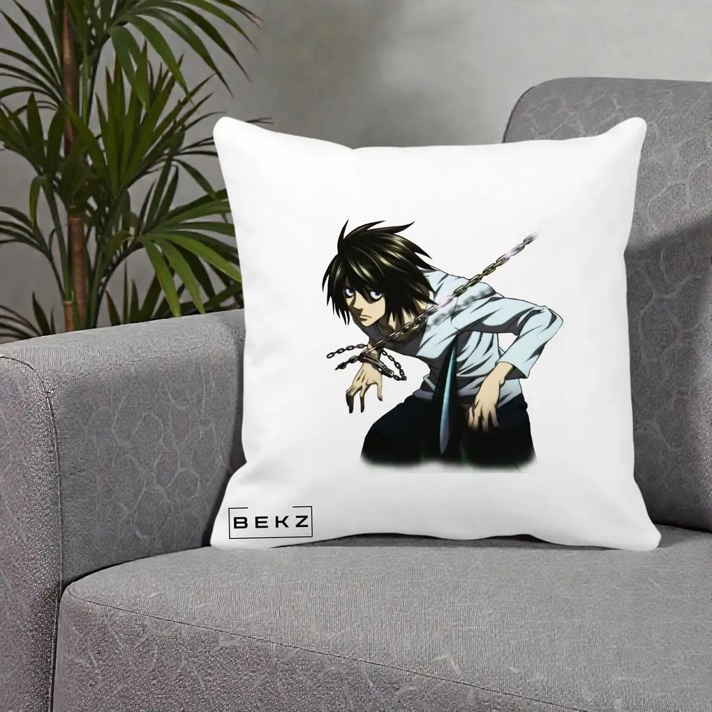 Perna Personalizata Death Note L Lawliet Lanturi, 40x40 cm, Alba Mata, Husa Detasabila, Perna Inclusa, BEKZ®