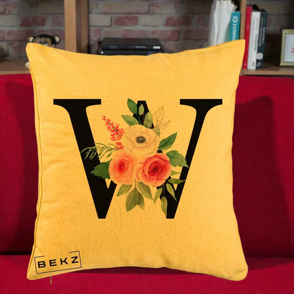 Cadou Personalizat - Perna Personalizata Monograma Florala Litera W cu Trandafiri si Anemona, 40x40 cm, Galben, Husa Detasabila, Perna Inclusa, BEKZ®