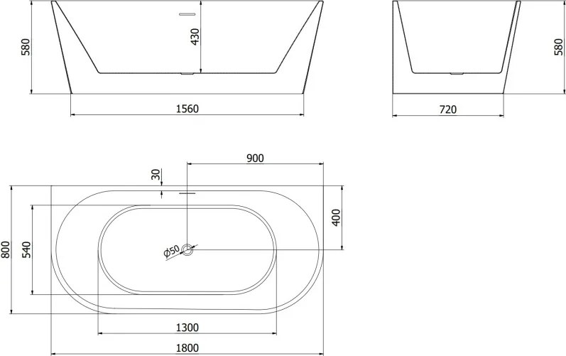 Mexen Oval cadă independentă pe perete 180 x 80 cm, albă, preaplin negru - 52671808000-70