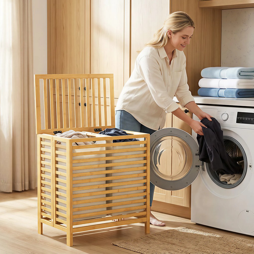 HOMCOM Coș de Rufe din Bambus 64L cu Capac, 2 Saci din Material Oxford Detașabili și Lavabili, Culoare Lemn | Aosom Romania