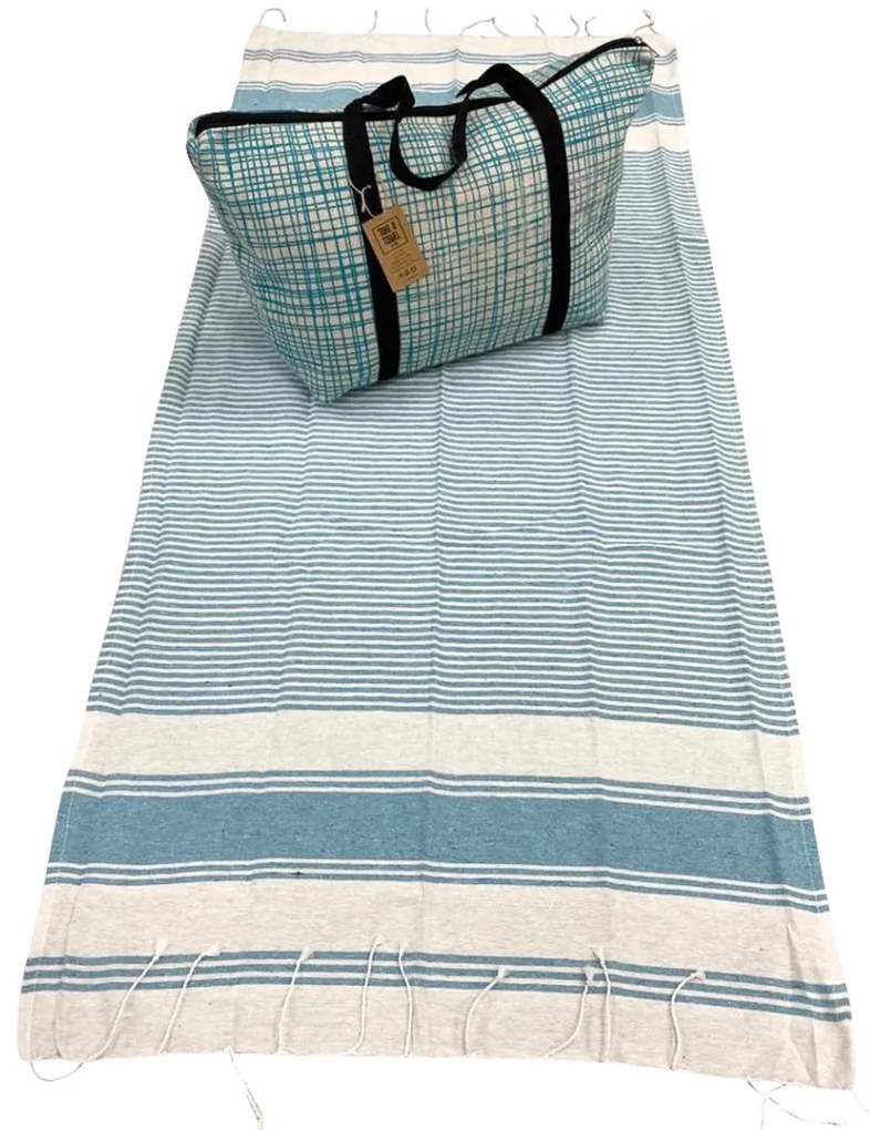 Set elegant geanta de plaja + prosop HAMAM 75 x 150 cm, turcoaz