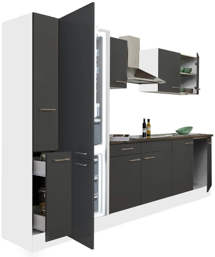 Mobilă de bucătărie Yorki 300, corp alb, față antracit satinat, frigider cu congelator jos