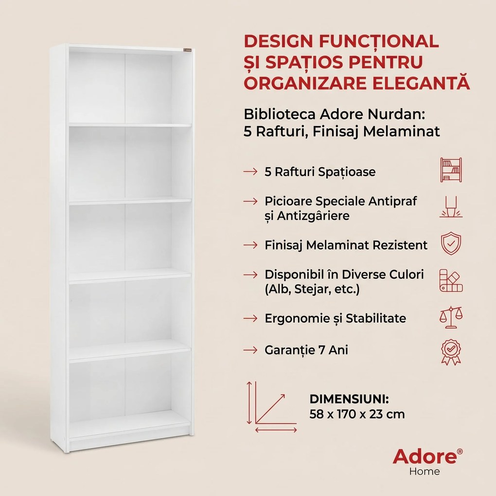 Biblioteca Adore Nurdan, 5 rafturi, 58x170x23 cm