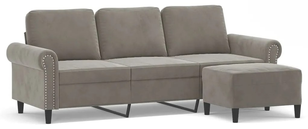3153633 vidaXL Canapea cu 3 locuri și taburet, gri deschis, 180 cm, catifea