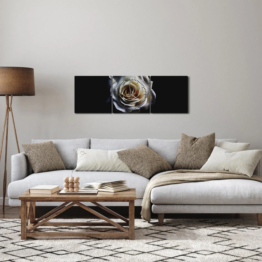 Tablou cu trandafir alb (cu ceas) (90x30 cm)