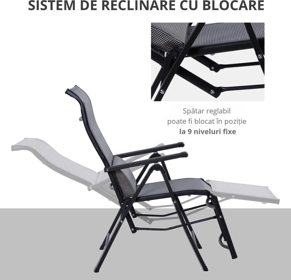 Outsunny Scaun Rabatabil de Gradina Zero Gravity Set 2 Piese cu Spatar Reglabil in 9 Pozitii si Perne, 65x70x111cm, Gri