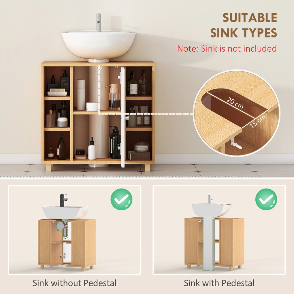 HOMCOM Dulap Sub Chiuvetă cu 2 Uși cu Închidere Lentă și 6 Rafturi Lemn natural | Aosom Romania