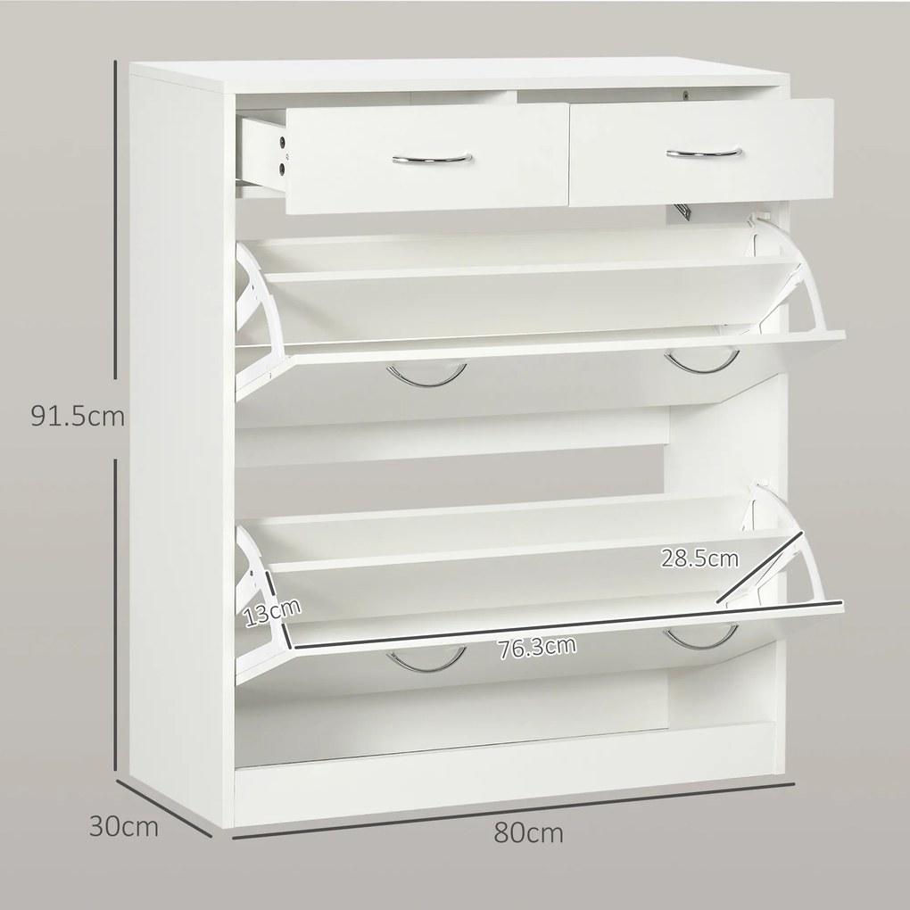 HOMCOM Etajeră pentru Pantofi, 12 Perechi, cu 2 Rafturi Interioare Reglabile și 2 Sertare, din Lemn, 80x30x91.5 cm, Alb | Aosom Romania