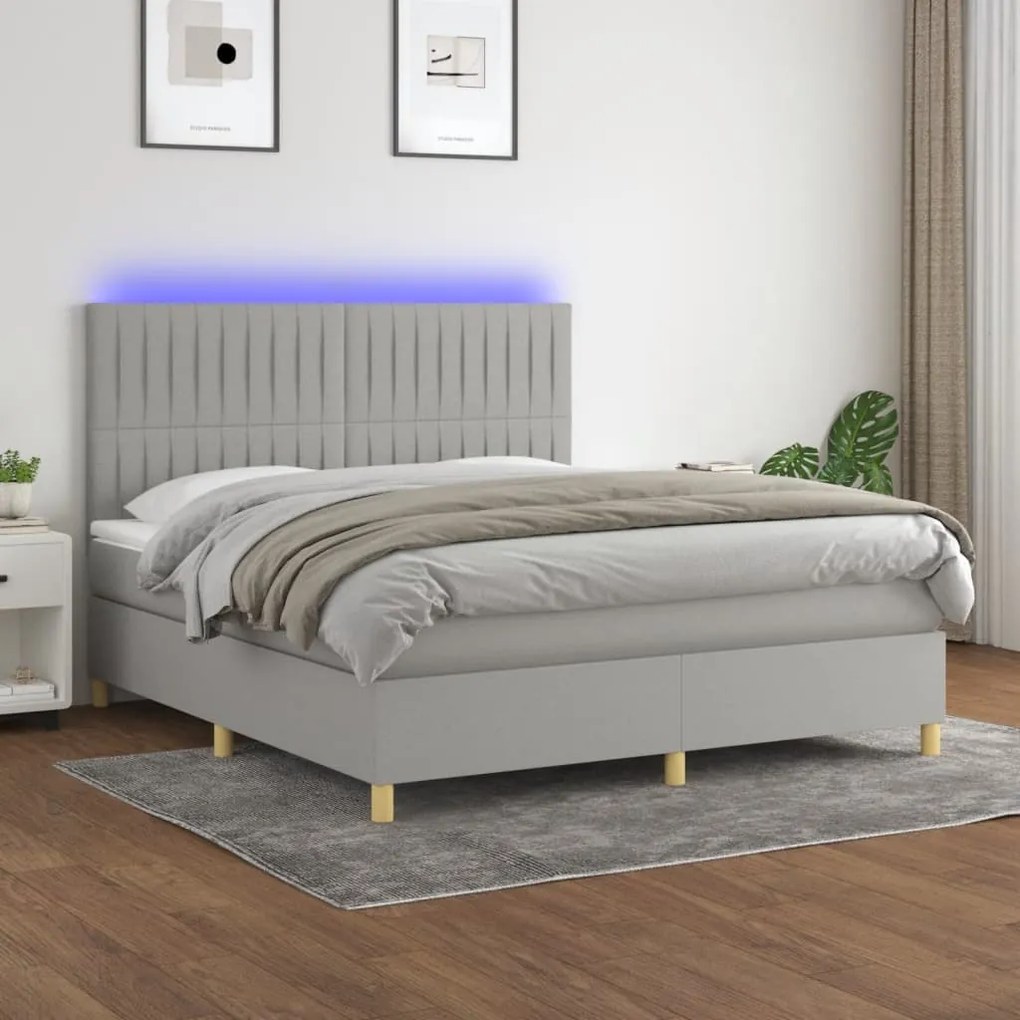 vidaXL Pat cu arcuri, saltea și LED, gri deschis, 180x200 cm, textil