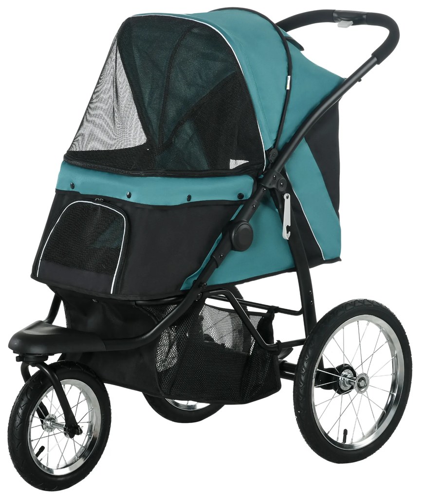 PawHut Cărucior pentru câini, pliabil, protecție solară, ferestre din plasă, coș de depozitare, Verde închis, 111 x 58 x 107 cm | Aosom Romania