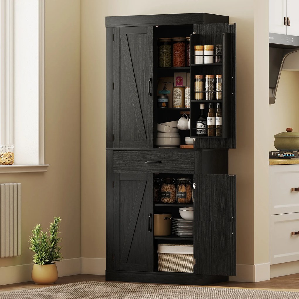 HOMCOM Dulap cămară de bucătărie în stil country, cu 2 dulapuri, 6 rafturi și sertar, din lemn, 76 x 39,5 x 183,5 cm, negru | Aosom Romania