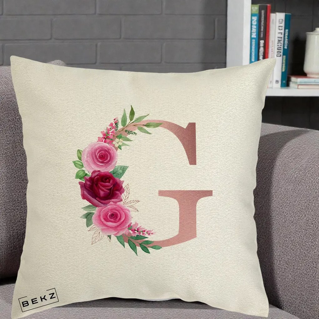 Cadou Personalizat - Perna Personalizata Monograma Rose Gold Litera G, 40x40 cm, Ecru, Husa Detasabila, Perna Inclusa, BEKZ®