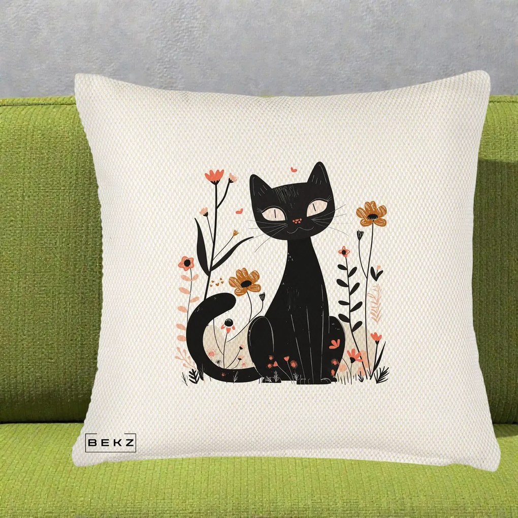 Perna Decorativa Pisica Neagra Flori Pastel Folk, 40x40 cm, Crem Reliefat, Husa Detasabila, Perna Inclusa, BEKZ®
