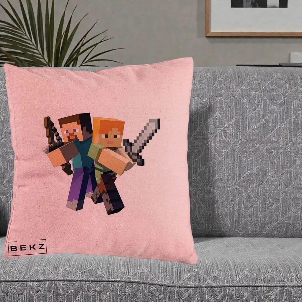 Perna Personalizata Minecraft Steve si Alex, 40x40 cm, Roz, Husa Detasabila, Perna Inclusa, BEKZ®