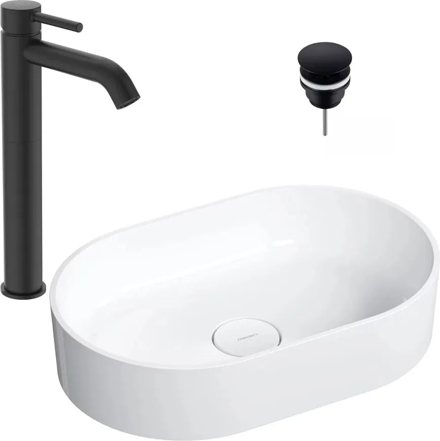 Pachet lavoar pe blat Omnires Ovo M+ alb 55 cm, baterie lavoar Ideal Standard Ceraline negru si ventil lavoar Click-Clack negru