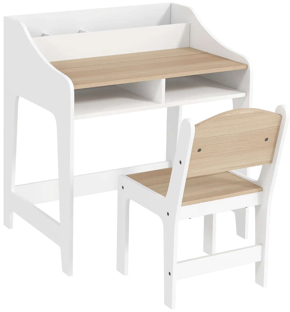 AIYAPLAY Set birou si scaun pentru copii 3-8 ani cu compartimente si rafturi deschise, efect lemn natural | Aosom Romania