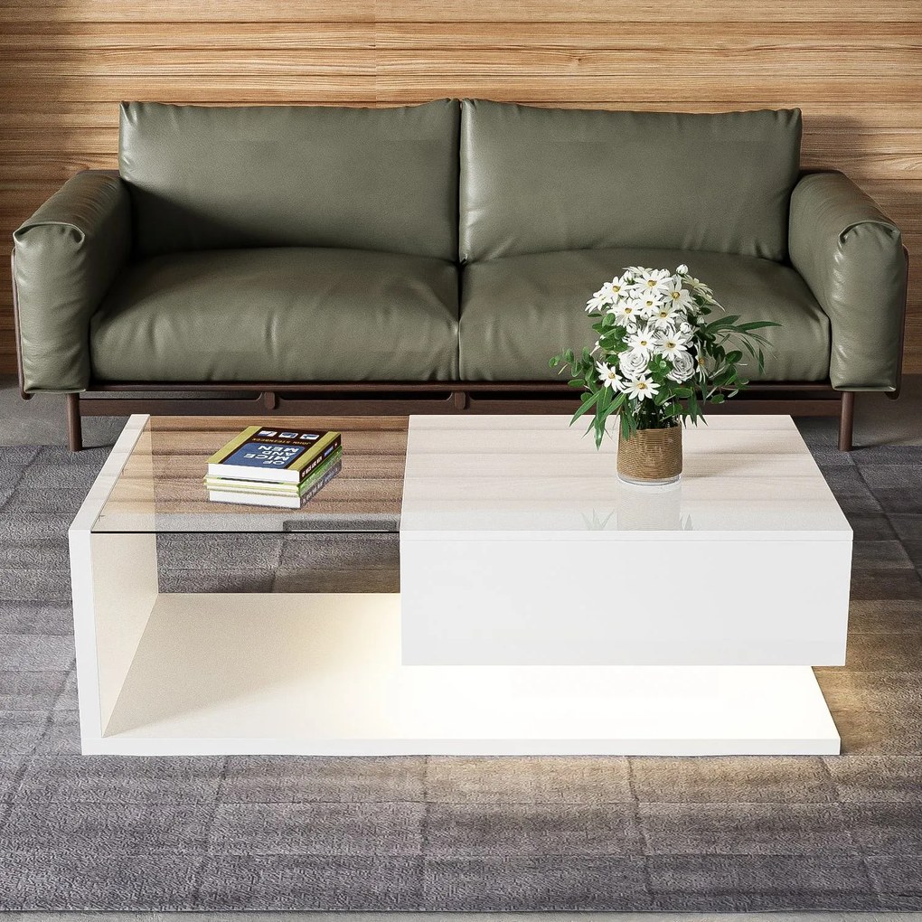 Măsuță de Cafea Modernă cu Raft din Sticlă și Efecte LED, 105x55x32,5 cm, Alb
