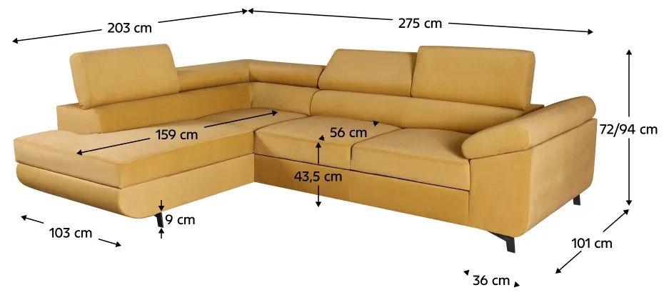 Canapea extensibilă KOSMO ROH, stânga, în culoarea muştarului