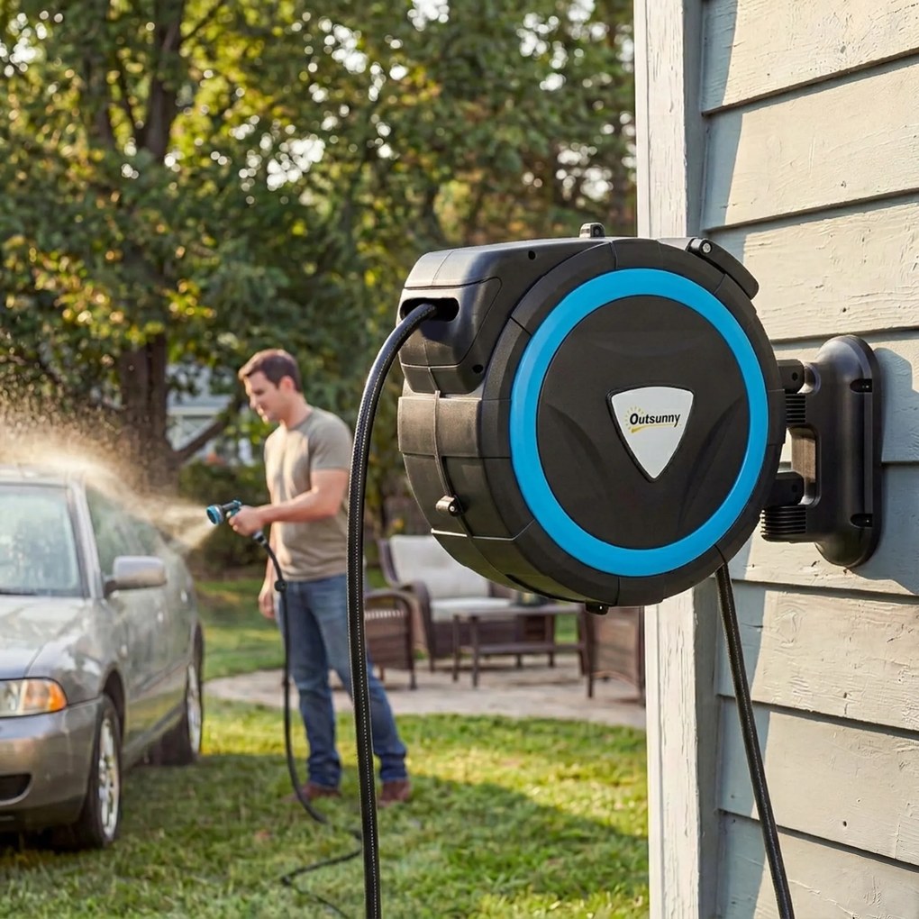 Outsunny Derulator Furtun Udare Montat pe Perete 14+1,5 m cu Blocare și Adaptoare, Rotativ 180°, 12 Moduri, 49x15x37cm, Albastru | Aosom Romania
