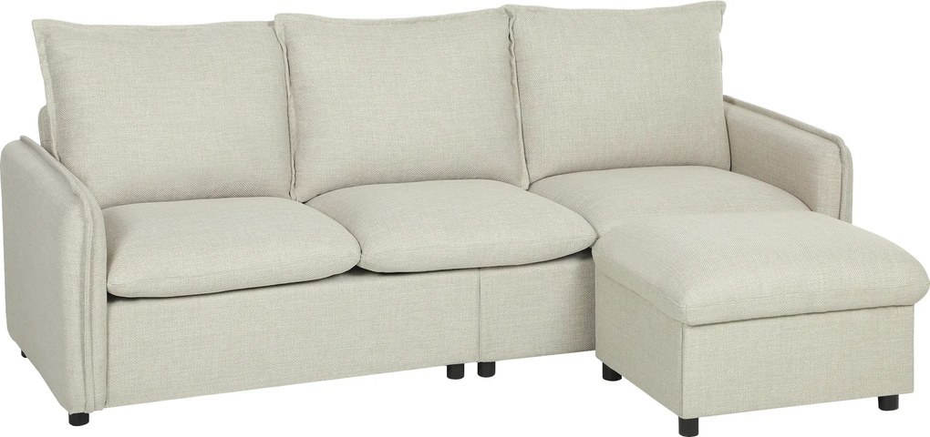HOMCOM Canapea 3 locuri cu pouf de depozitare, canapea colțar modulară 212 cm, perne cu arcuri, țesătură din in, crem | Aosom Romania
