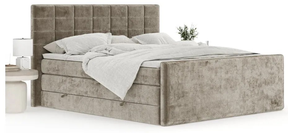 Pat boxspring maro deschis cu spațiu de depozitare 200x200 cm Ava – Maison de Rêve
