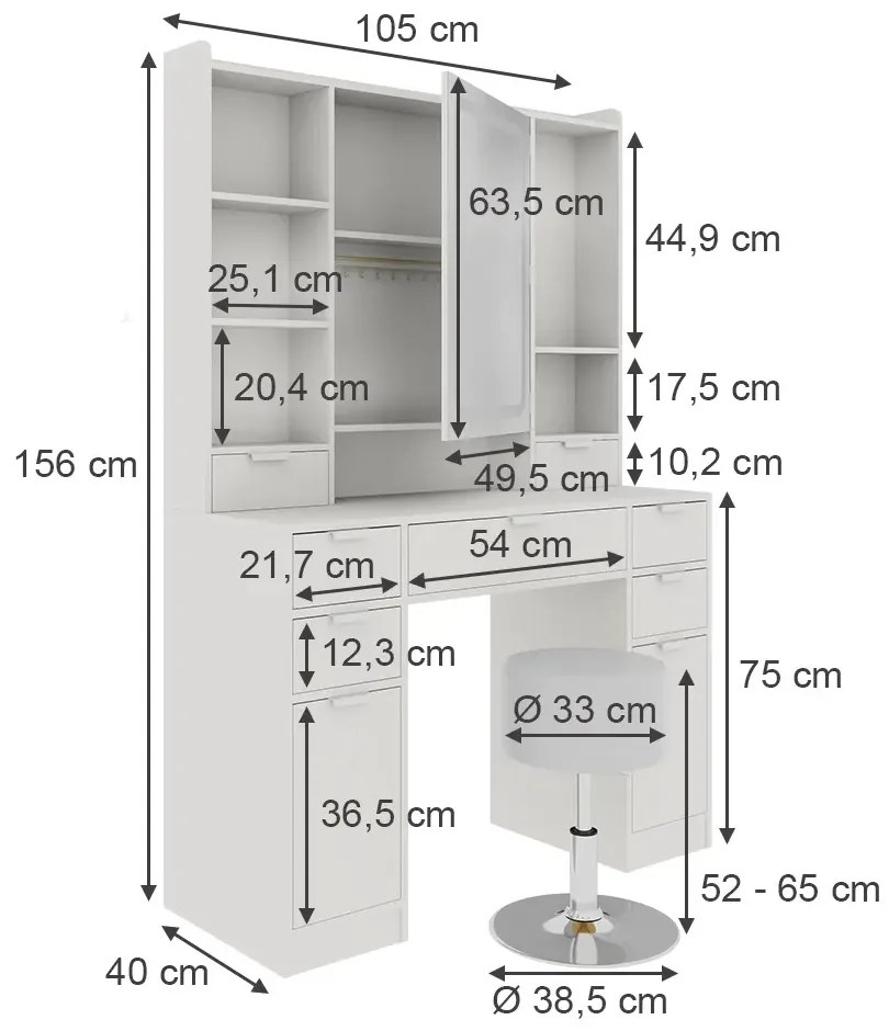 SEA810 - Set Masa toaleta 105 cm, cosmetica, machiaj, oglinda cu LED, masuta vanity cu scaun sau fara scaun - Alb