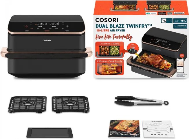 La mâna a doua: Friteuza cu aer cald Cosori Dual Blaze TwinFry CAF-TF101S, 10 L, 6 programe, 240°C, Timer, ThermoIQ, Negru