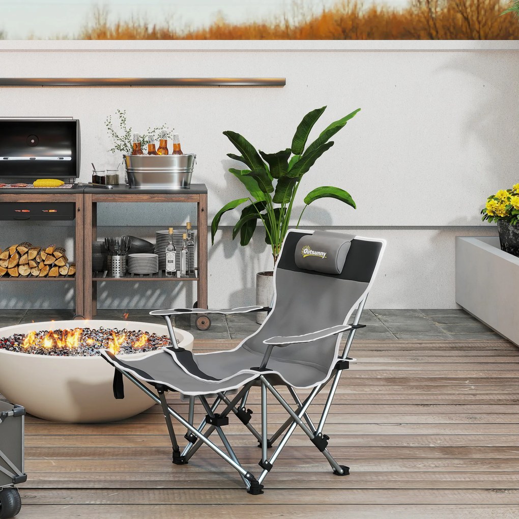 Outsunny Scaun de Camping Pliabil și Rabatabil cu Suport pentru Picioare Detașabil și Tetieră, 82x50/100x88 cm, Negru | Aosom Romania