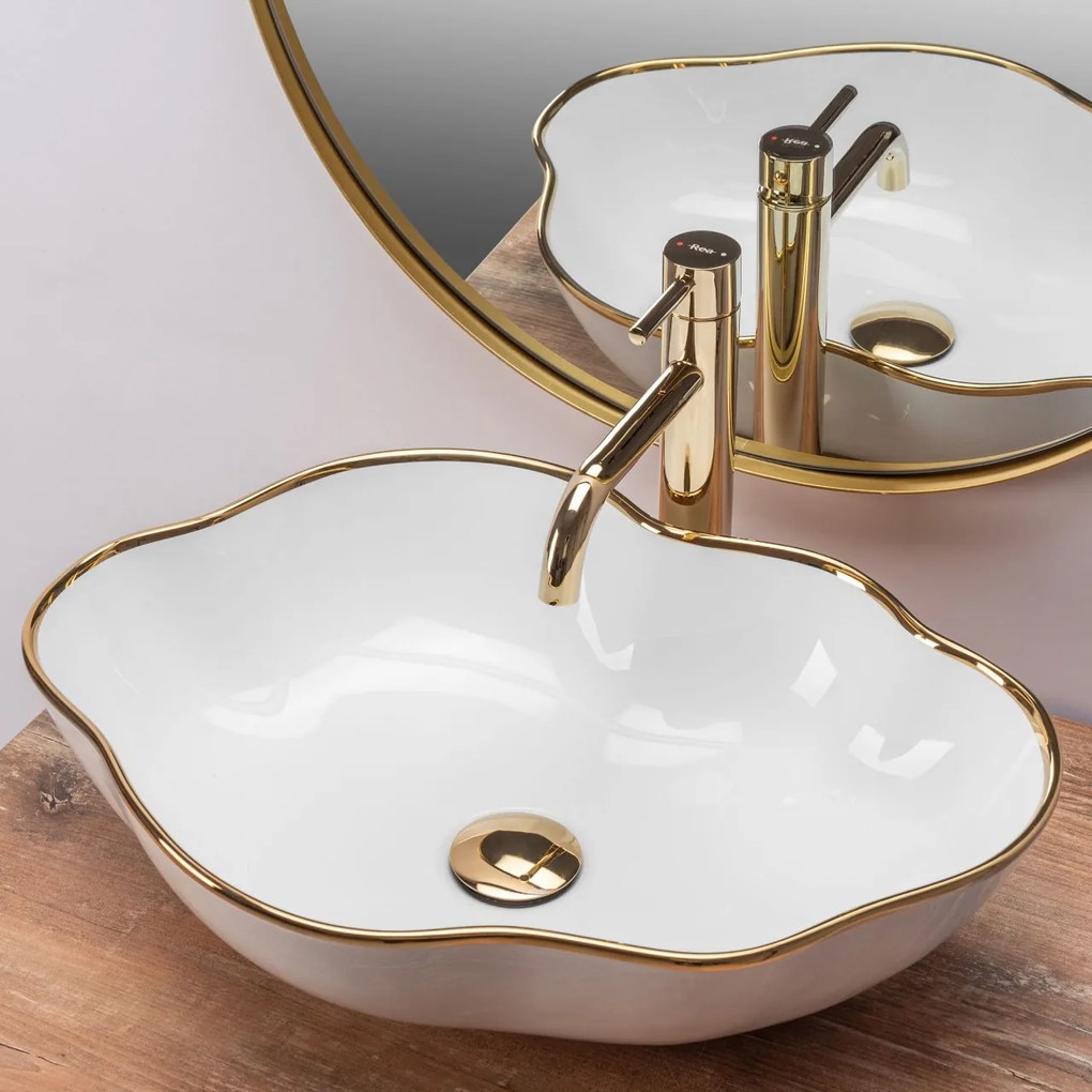 Lavoar Pearl Gold Edge ceramica sanitara alb – 51,5 cm