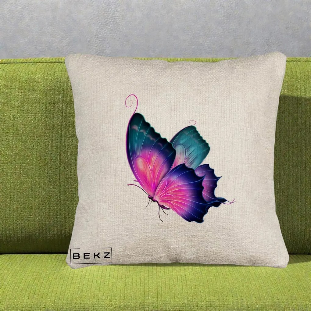 Perna Decorativa Fluture Neon, 40x40 cm, Bej Canapea, Husa Detasabila, Perna Inclusa, BEKZ®