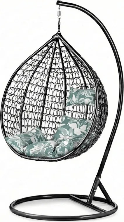 Scaun negru suspendat KOKON cu suport, perna verde-alb