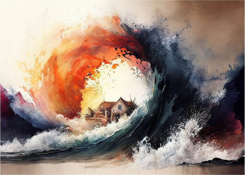 Tablou pe sticlă - În vârtejul potopului, acuarelă (70x50 cm)