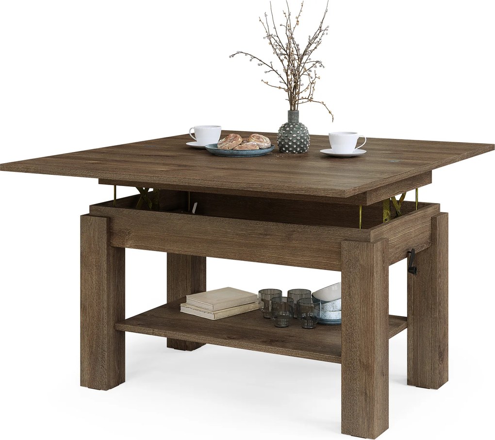 Mazzoni BRAWO Stejar Maro - MĂSUȚĂ DE CAFEA CU BLAT EXTENSIBIL ȘI RIDICABIL MASĂ CU RAFT