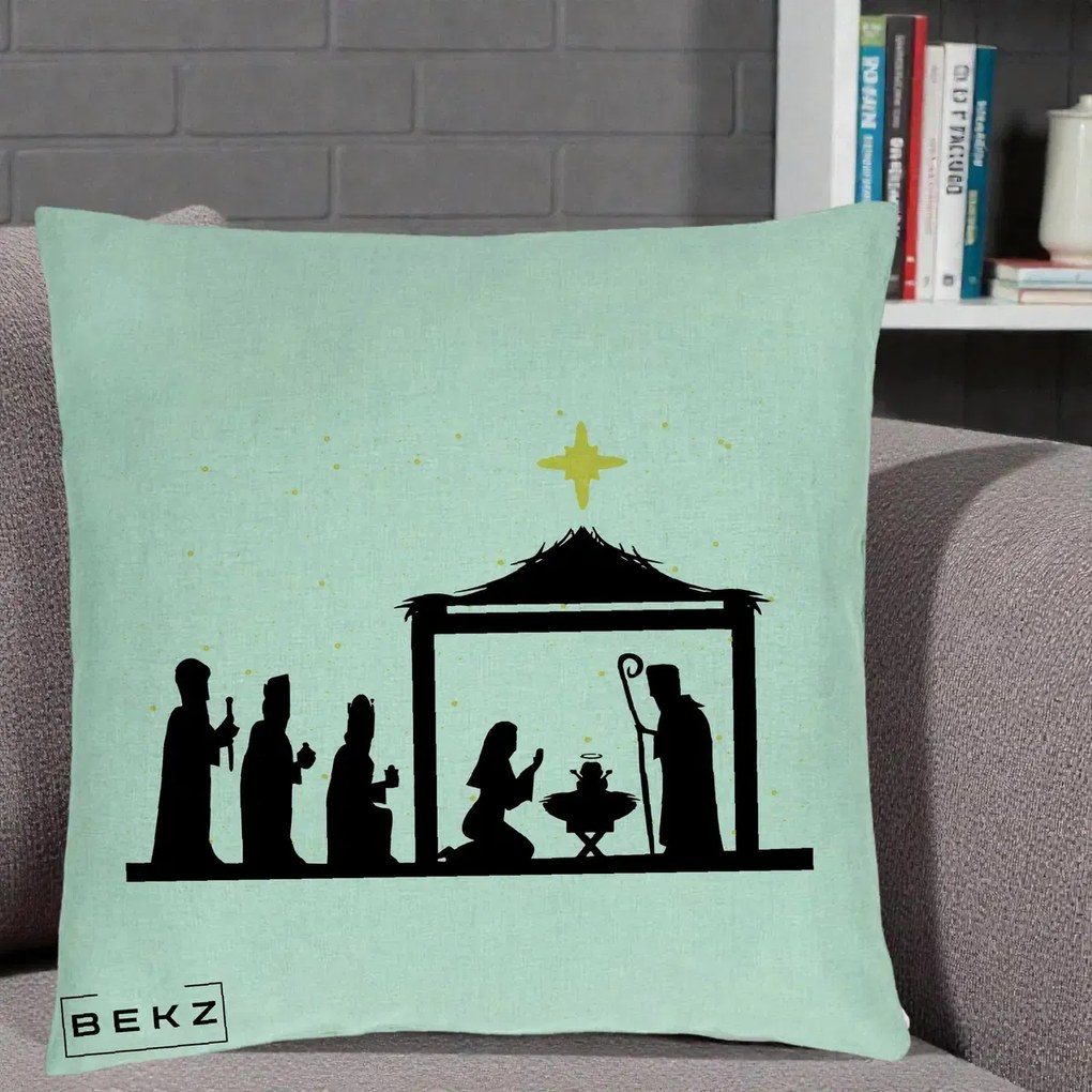 Perna Decorativa Nasterea Pruncului Silueta Neagra si Stea Aurie, 40x40 cm, Verde Menta, Husa Detasabila, Perna Inclusa, BEKZ®