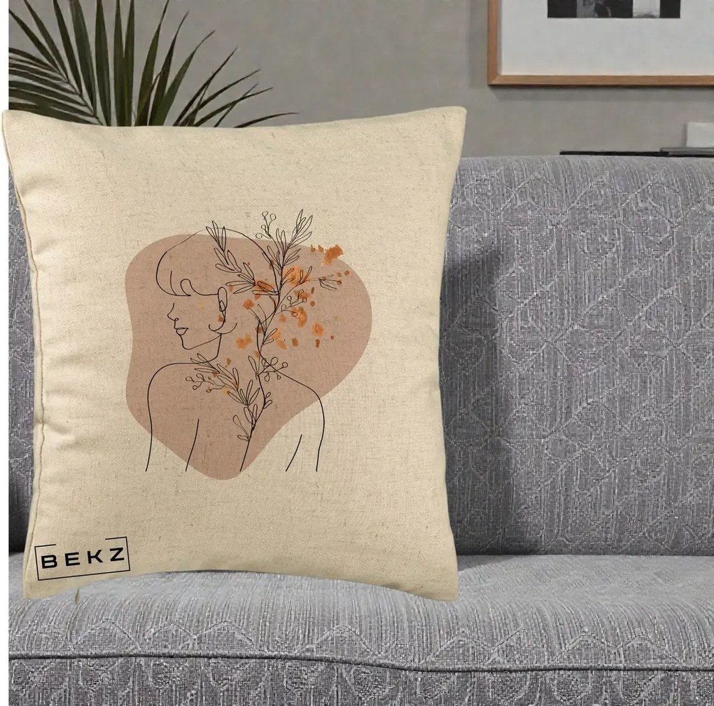 Perna Decorativa Femeie cu Flori Line Art Boho, 40x40 cm, Bej, Husa Detasabila, Perna Inclusa, BEKZ®