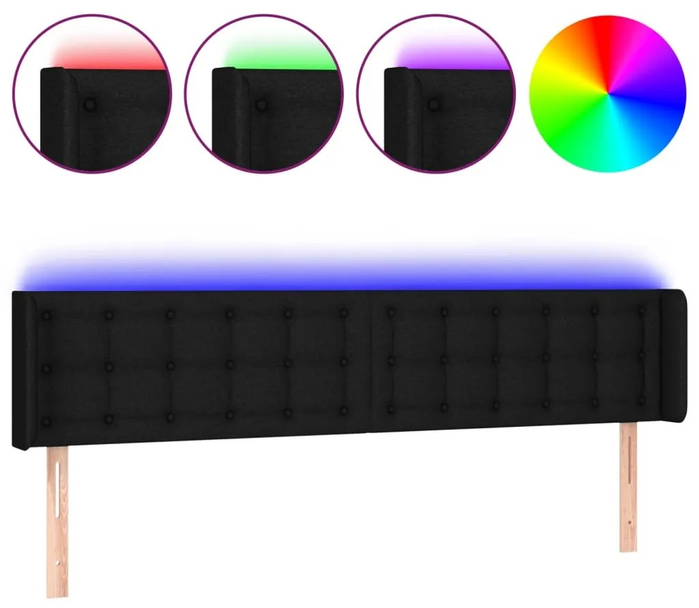 Tablie de pat cu LED, negru, 203x16x78 88 cm, textil 1, Negru, 203 x 16 x 78 88 cm