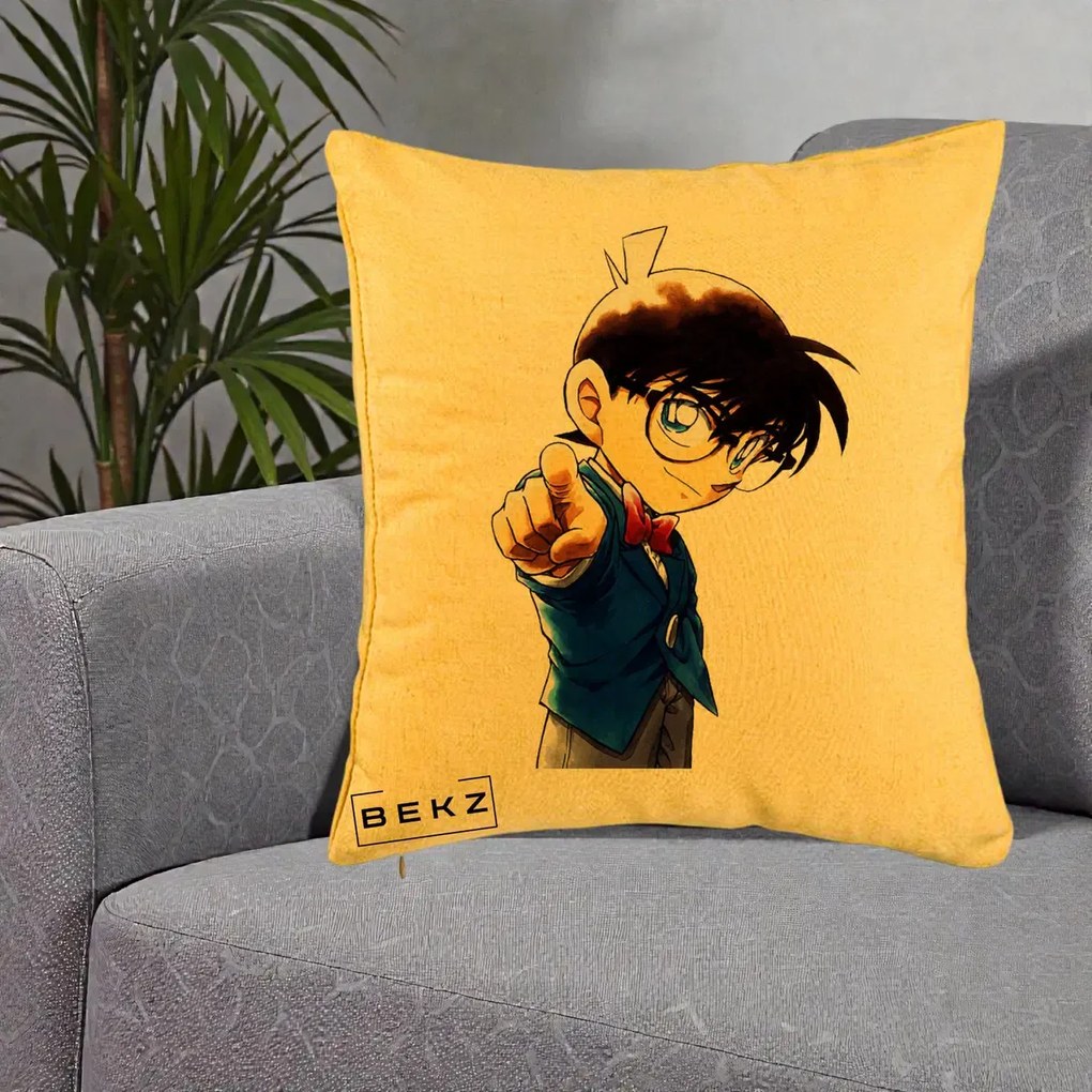 Perna Personalizata Detective Conan Conan Arata, 40x40 cm, Galben, Husa Detasabila, Perna Inclusa, BEKZ®