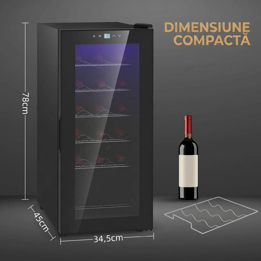 HOMCOM Frigider pentru Vinuri, Frigider de Vin cu Control al Temperaturii, Ecran Tactil Digital și Lumină LED, 18 Sticle, 34.5x45x78 cm, Negru