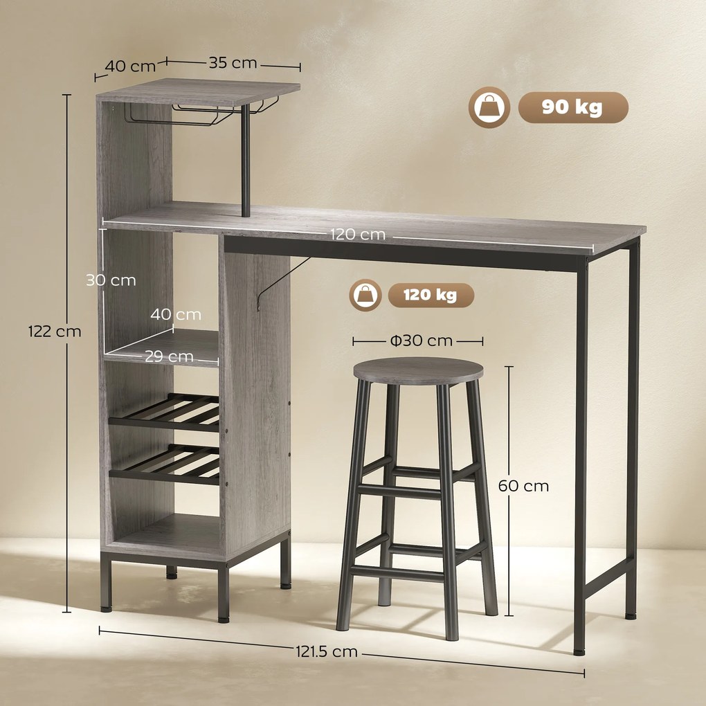 HOMCOM Set masă înaltă cu taburete, masă în picioare cu 2 scaune de bar, etajere, suport pentru sticle, lemn natural | Aosom Romania