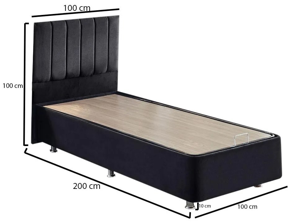 Pat de o persoană cu tăblie tapițată 100 cm Kemadi (negru) (cu somieră) (și sp. depozitare). 1094817